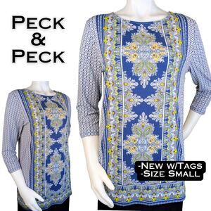 Peck & Peck Tunic Top Small  Blue Gray Yellow Paisley Mixed Pattern Career NEW